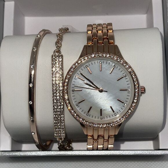 Gold Tone Crystal Watch Bracelet (3 Piece Set) Stunning Chic Intricate Style NEW - Picture 10 of 16